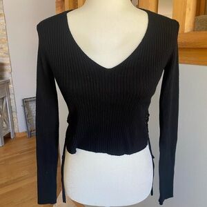 Black Ribbed Long Sleeve V-Neck Top